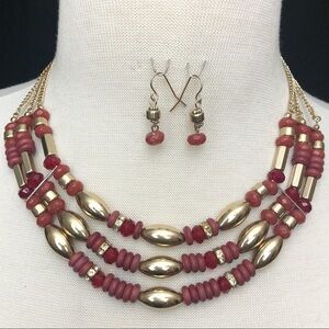 Layered Red & Gold Bead Necklace Earrings Set